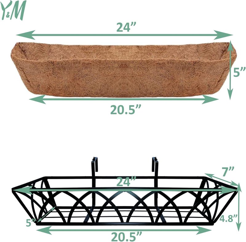 YM 24 Inch Window Deck with Coco Liner, 24" Window Boxes Horse Trough with Coconut Coir Liner, Fence Metal Hanging Flower Planter Window Basket Deck Railing Planter Boxes for Outdoor Garden Lawn, 2pcs - Image 4